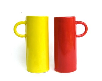 tea for two ... 2 hand built whimsical festive yellow and red cups