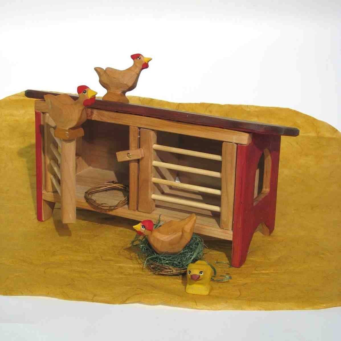 Wooden Hand Carved Chicken Coop and Hens with Chick