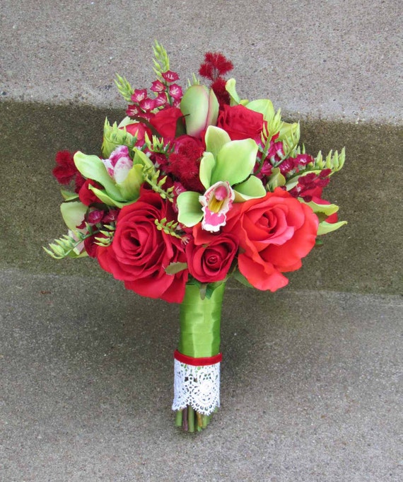 Sale Price...Red & Lime Green Wedding Bouquet Ready to by justanns