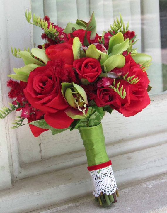 Sale Price...Red & Lime Green Wedding Bouquet Ready to Ship
