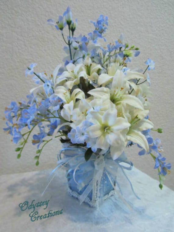 Floral Arrangement in Baby Blue with White Lilies and