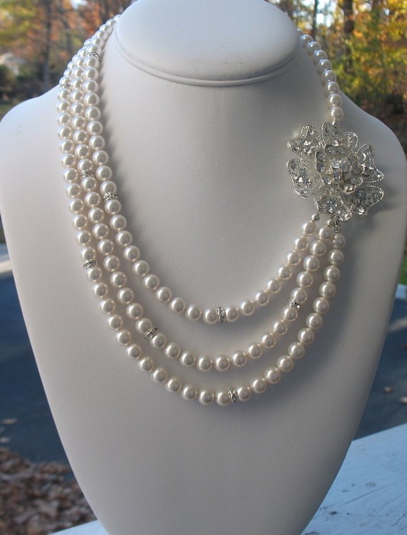 Chunky Pearl Necklace Multiple Strand with Rhinestone Crystal