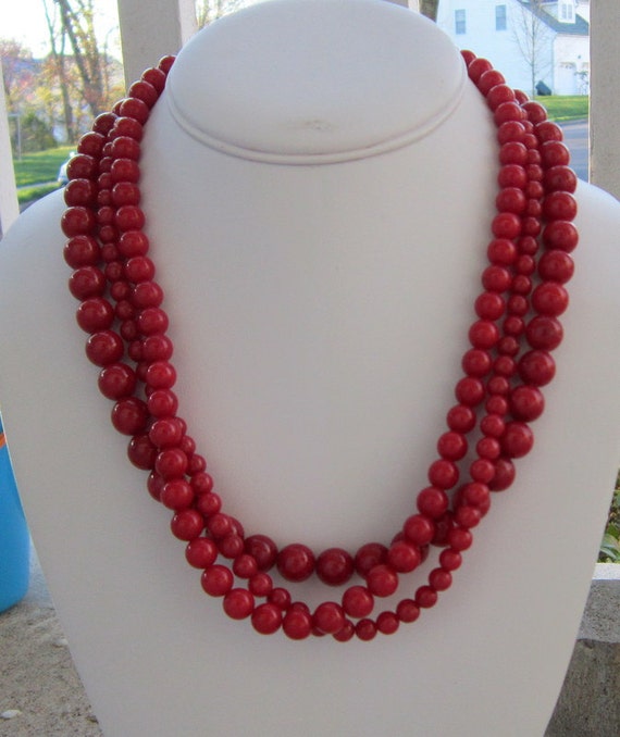 Red Chunky Necklace Triple Strand Statement Follow You