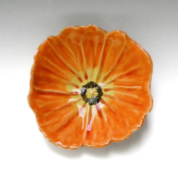 Orange Poppy Bowl Red Stripes handmade stoneware pottery by MarciG