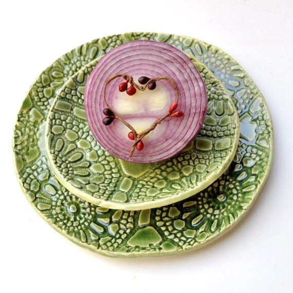 Celadon Green Lace Ceramic Serving set handmade pottery