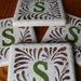 monogrammed coasters, set of 4, in chocolate brown and OLIVE GREEN, or ROYAL PURPLE, affordable practical gift for Christmas, birthday, anniversary, house warming, hostess gift