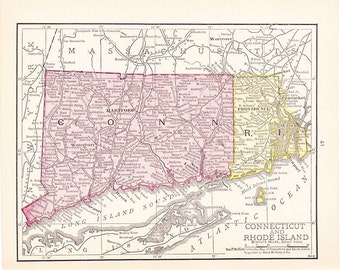 1902 Antique Map of Connecticut and Rhode Island Connecticut