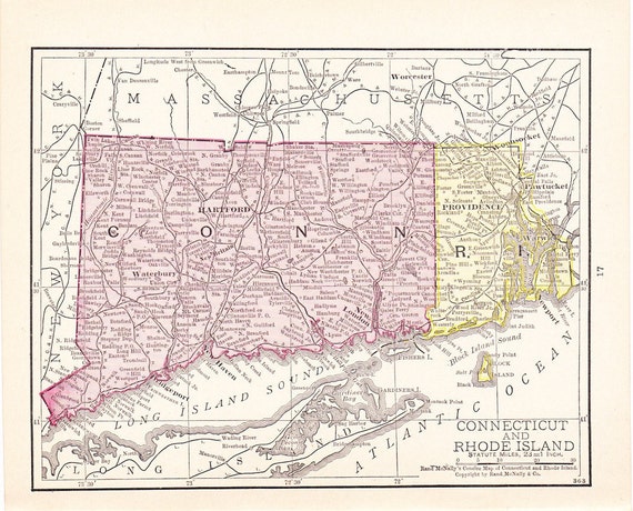 1916 State Map Connecticut And Rhode Island Vintage Antique