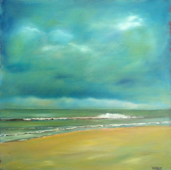 Original oil beachscape painting seafoam green gold