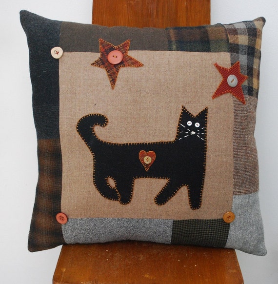 Wool Cat Pillow Primitive Black Cat Stars Pillow by Northernlodge