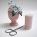 Pink Egg Cup Swirl Pincushion with Blue Flowers Handmade from Felted Wool and Cashmere
