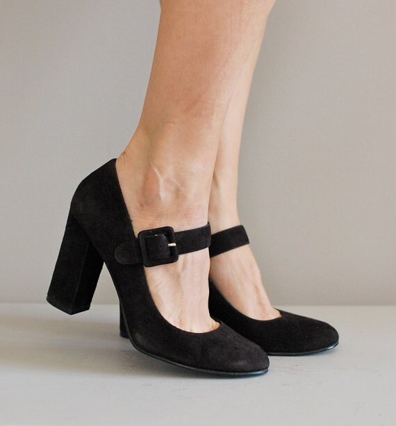 black suede mary jane heels