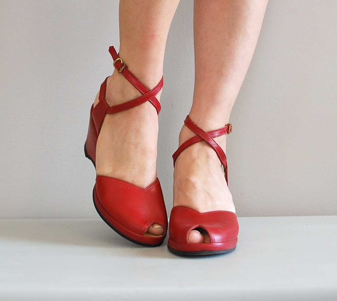 red wedges with ankle strap