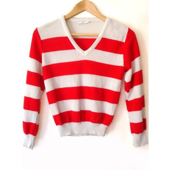 red and white nautical striped v-neck sweater XS