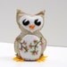 Sale- felt owl- wee owlet in heathered oatmeal with apple blossom branches, pink, green, Ready to ship