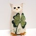 felt owl- 8 inch HOOT owl in heathered oatmeal withlarge shamrock for St. Patrick's Day