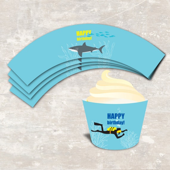 PRINT & SHIP Shark and Scuba Birthday Party Cupcake Wraps (set of 12 )>> personalized and shipped to you | Paper and Cake Il_570xn