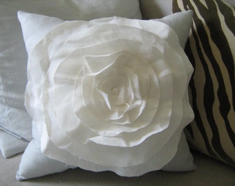 Stuffed French Rose PIllow in French Blue and Cream Linen