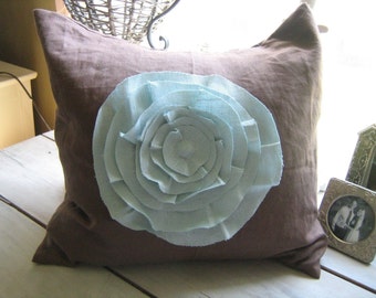 French Rose Pillow- in Chocolate and Robins Egg Blue Linen