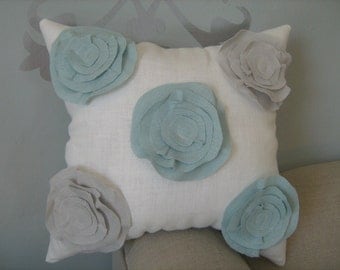 Stuffed Morning Dew Garden Rose Pillow in French Blue and Robin Egg Blue Linen