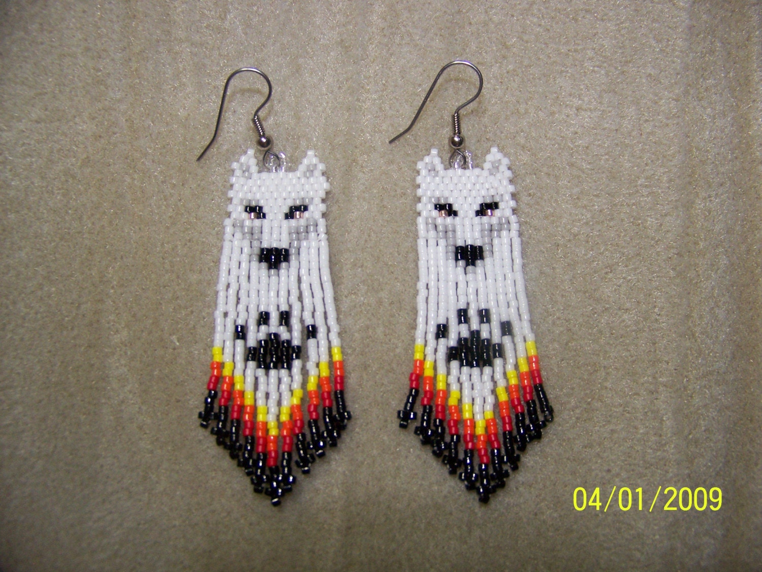 Hand Seed Bead White Wolf Native style beaded earrings