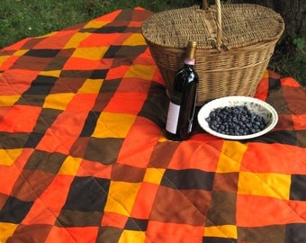 SALE - Eco Friendly Picnic Blanket - Handmade with Mod Eames Era Vintage Geometric Orange Brown Cotton (Last One)