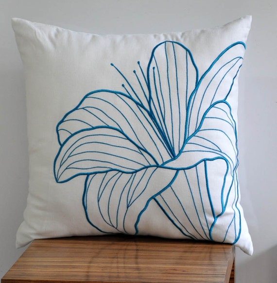 Blue Flower Throw Pillow Cover Decorative pillow White by KainKain