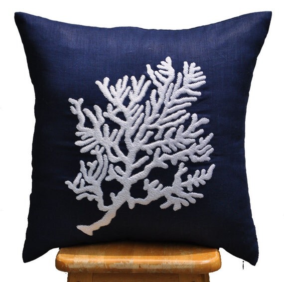 Coral Pillow Cover Decorative Pillow Cover Navy Blue by KainKain
