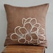 Hibiscus Throw Pillow Cover - 18" x 18" Embroidered Decorative Pillow Cover - Medium Brown Linen Fabric with Beige Flower Embroidery