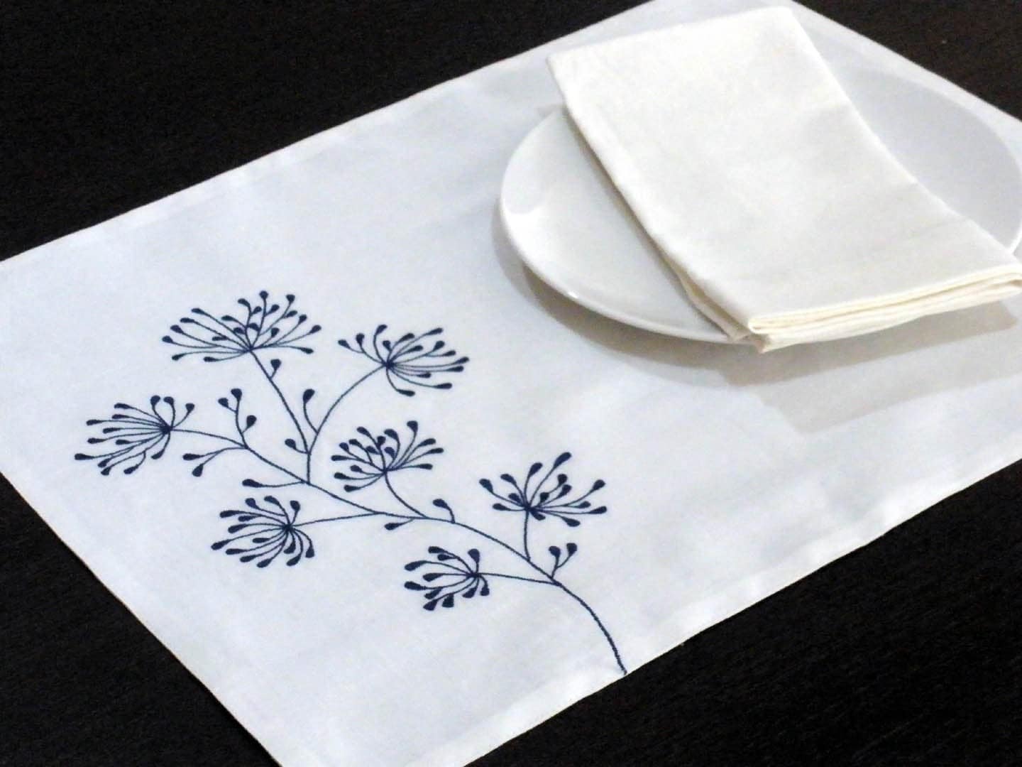 White Linen Placemat White Linen Blue Floral Embroidery