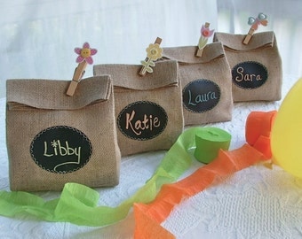 Sets of 4, 5, 6 or 7 Burlap Party Gift Bags - with Re-Useable Chalkboard Labels for Party Favors, Decorations