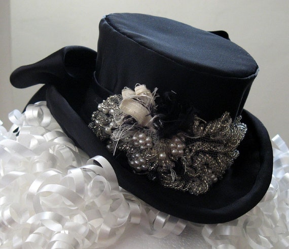 Items similar to Decadent satin top hat with vintage beadwork and silk ...