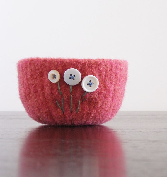 fuzzy salmon pink felted wool bowl with white by theFelterie