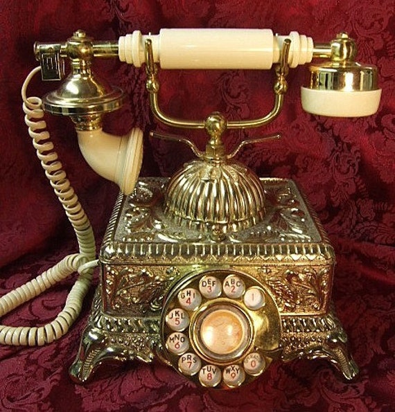 Ornate French Cradle Phone Vintage 70's Carved Brass Metal