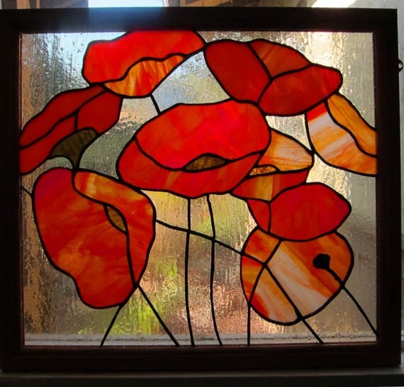 Items similar to Poppy stained glass panel framed in Oak on Etsy
