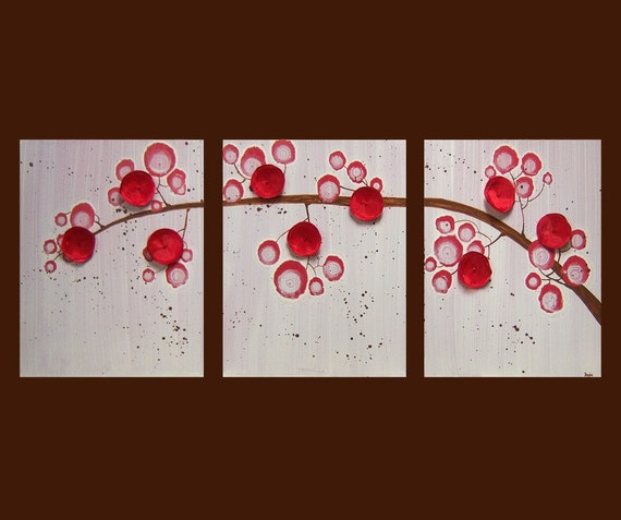 Embellished Painting - 35X14 Acrylic Triptych - Cherry Blossom Branch