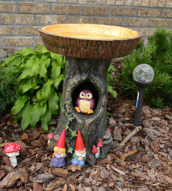 Tree Stump Bird Bath & Toad house custom decorated OOAK Ivy