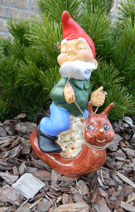 Garden Gnome on Snail Vintage Heissner Type ceramic Glazed