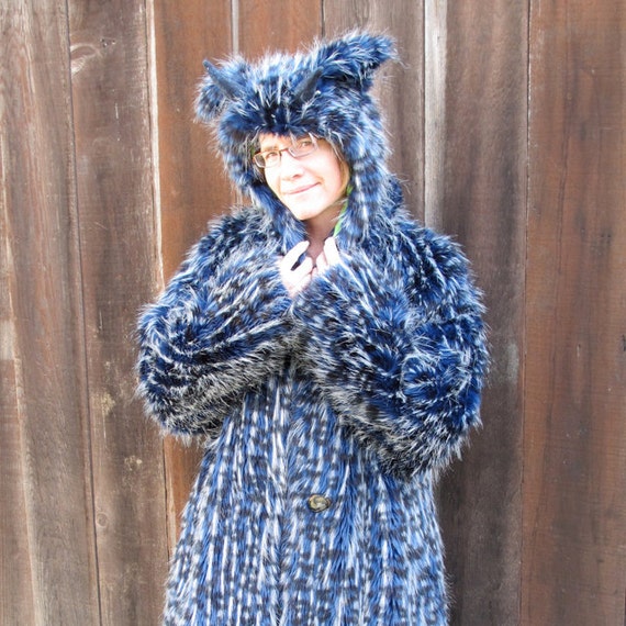 Faux Fake Fur Hat with Horns Wolf Ears and Silk by gwenbeads