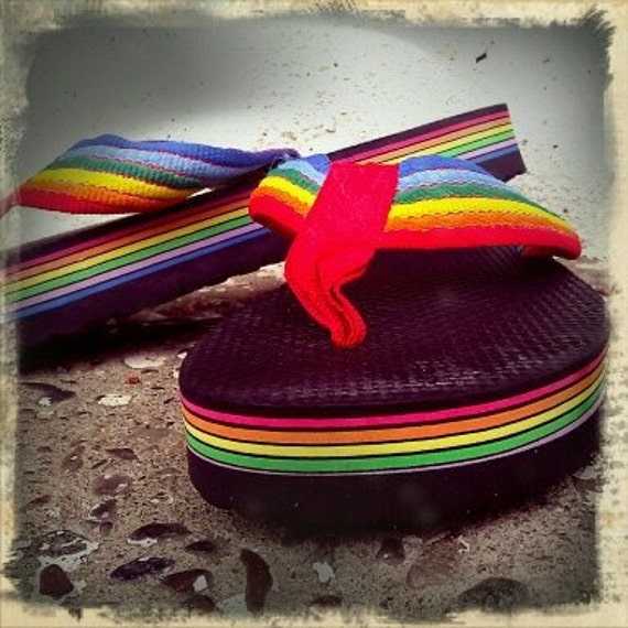 retro 80s rainbow flip flops