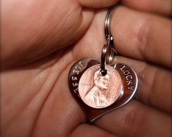 New Heart shaped Blessed, Lucky Us Keychain made of stainless steel with 2 pennies