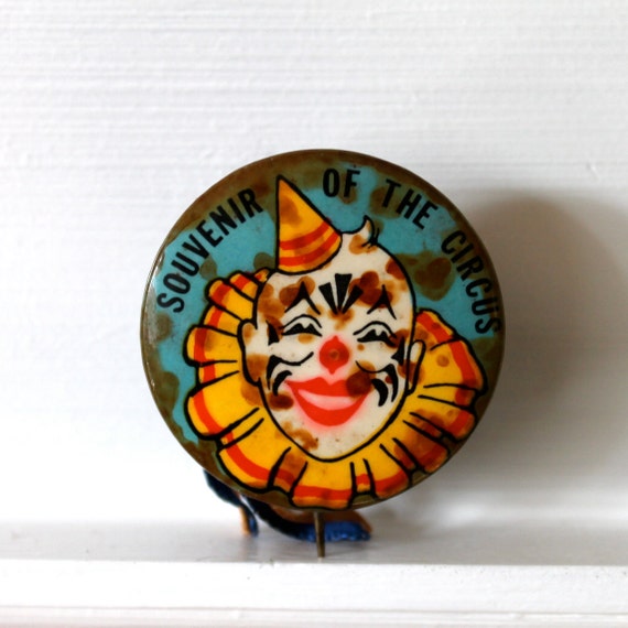 Vintage Circus souvenir button with pin and ribbon and creepy