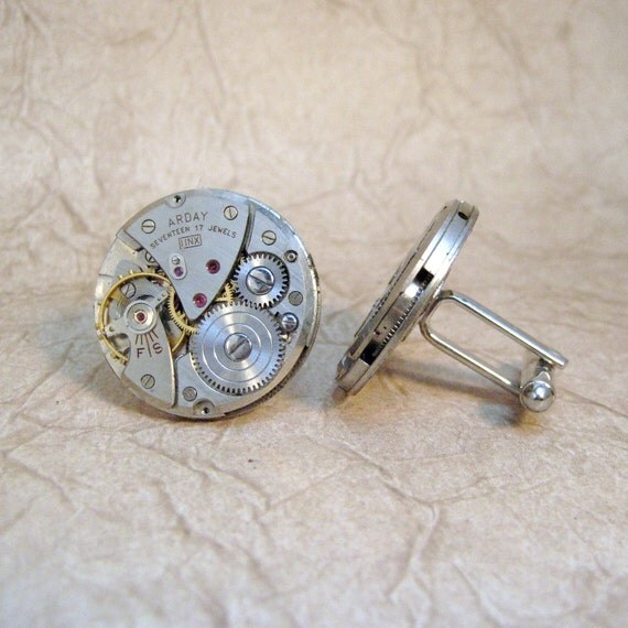 Steampunk Cufflinks Vintage Repurposed Arday 17 Jewel Watch