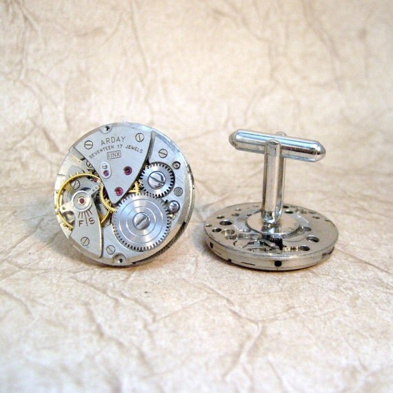 Steampunk Cufflinks Vintage Repurposed Arday 17 Jewel Watch