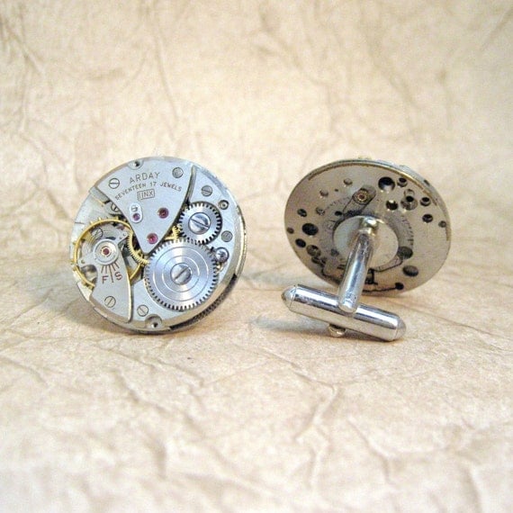 Steampunk Cufflinks Vintage Repurposed Arday 17 Jewel Watch