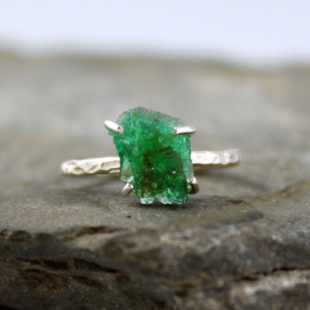 Uncut Raw Rough Green Emerald Ring Sterling Silver Solitaire