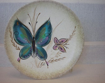Butterfly Wall Hung Platter\/Signed Vintage Mid Century Modern Decorative Gold and Teal
