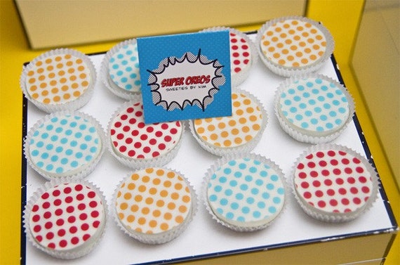 1 Doz SUPER HERO Birthday Party Designer Chocolate Covered Oreos Colored Polka Dots