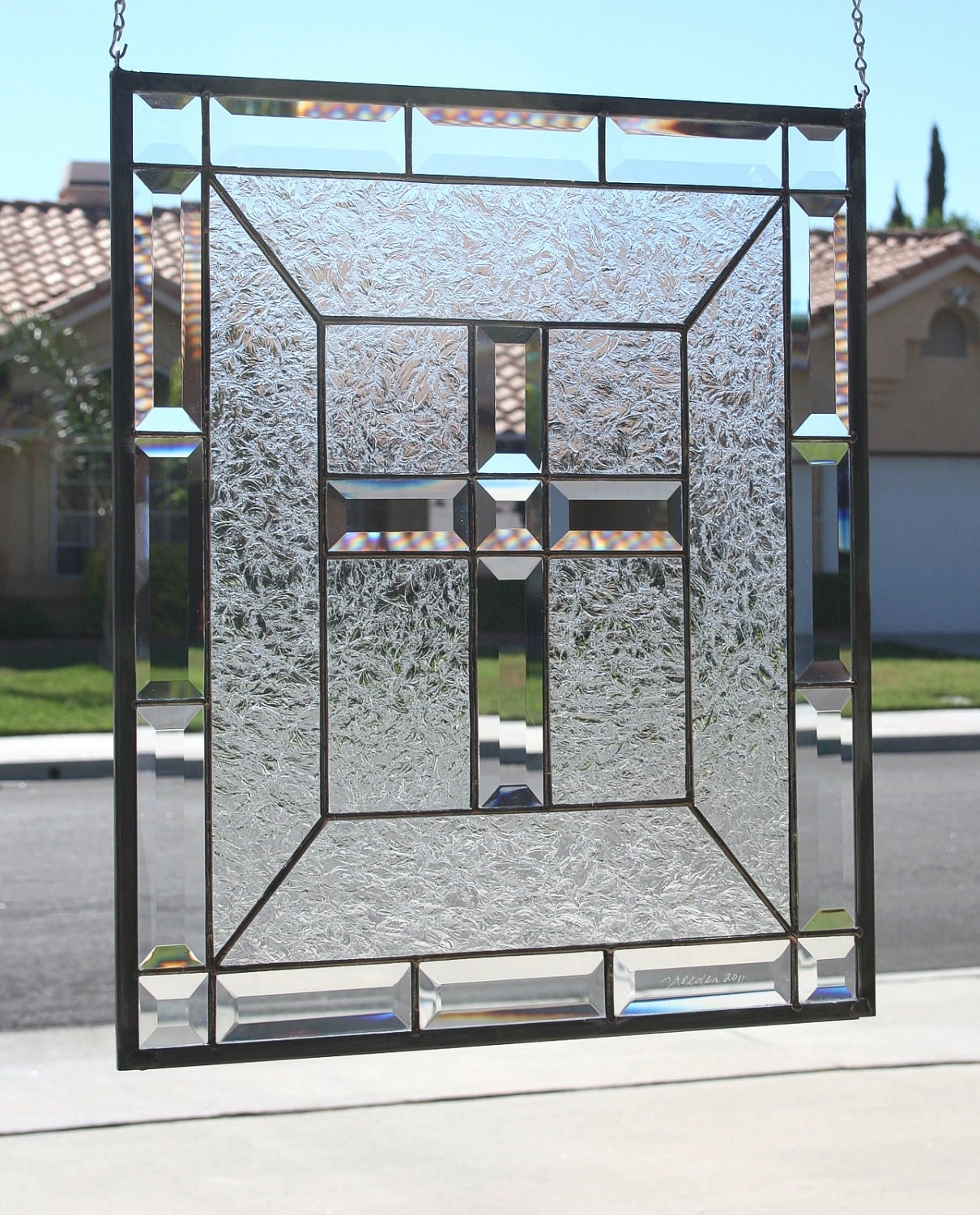 CLEAR CROSS Contemporary Stained Glass Window Panel with