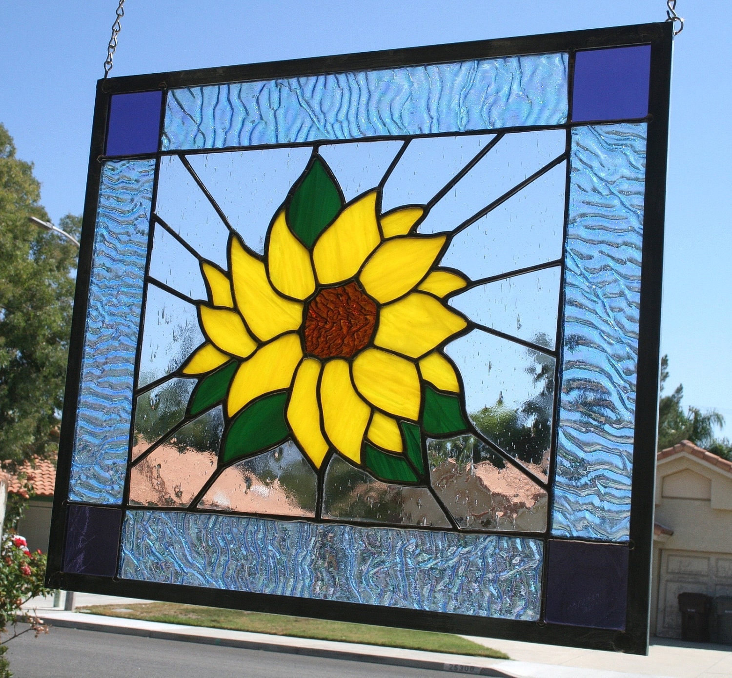 Summer Sunflower Large Stained Glass Window Panel